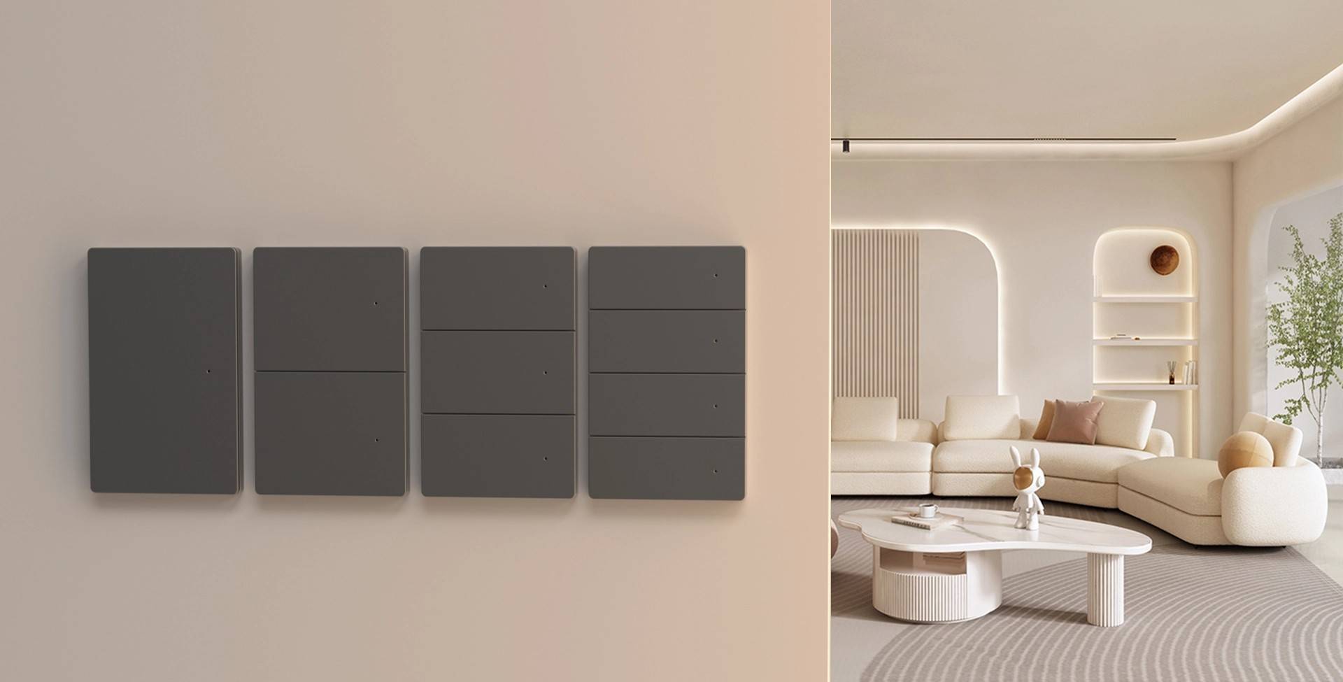 Zemismart ZM808 Switch Zemismart ZM808 鋁合金智慧開關,以其簡約設計安裝在現代客廳的牆壁上,支援 HomeKit 自動化。