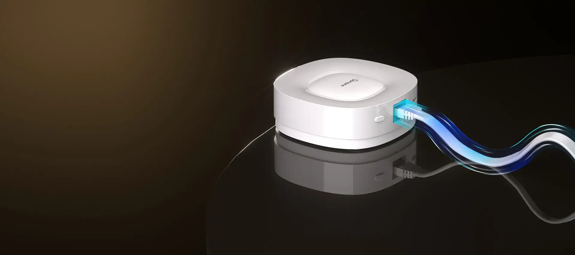 SONOFF ZBBridge-U SONOFF ZBBridge-U 智慧家庭中樞的形象圖,其簡潔的白色機身在黑色鏡面上倒映,一道藍色光束從中流出,展現了無縫連接的科技美學。
