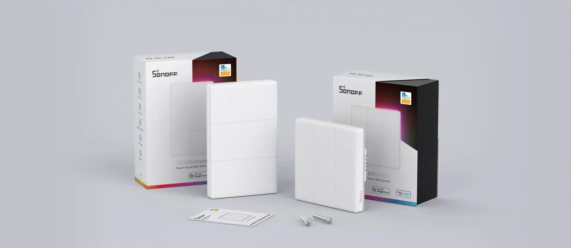 SONOFF T5 Switch Sonoff T5 智慧觸控開關的產品與包裝圖,同時展示了適用於台灣的 118 型與歐美的 86 型兩種規格尺寸。